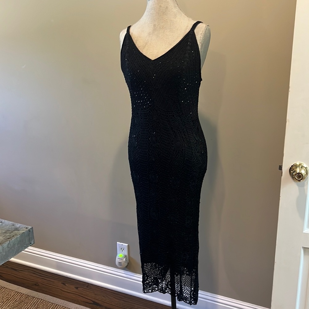 Black crochet evening dress with black bugle beads